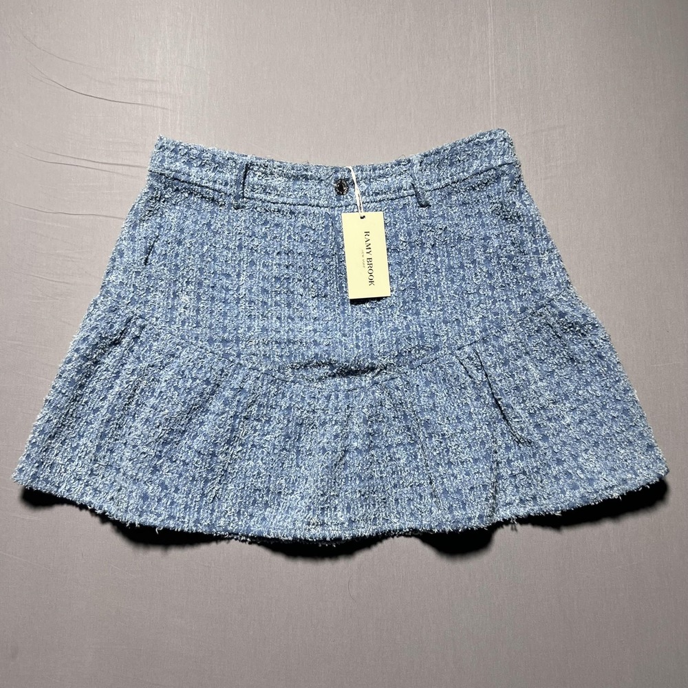 Ramy Brook Jeanne Textured Mini Skirt‎ Womens 8 Blue Spind Cotten Blend